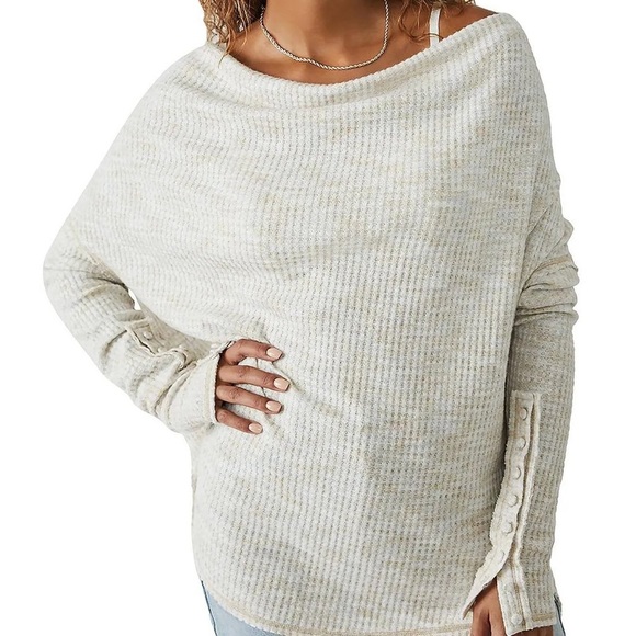 Free People cream tan cowl neck oversized waffle knit sweater size S - Picture 3 of 16